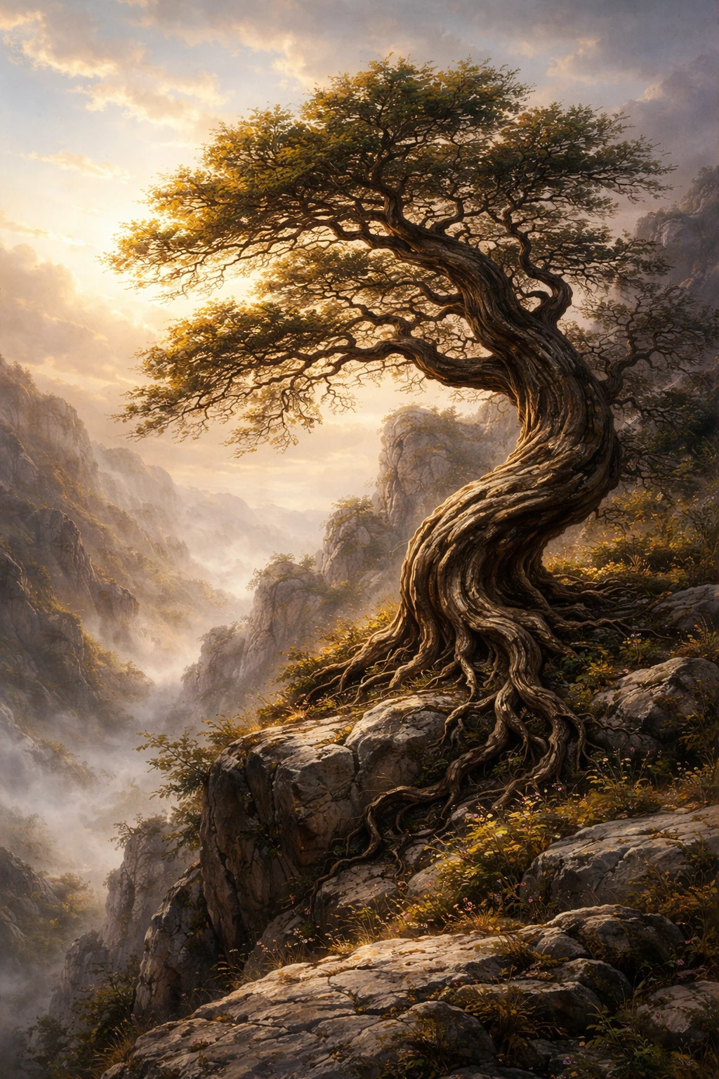 Twisted tree painting in a rugged ethereal landscape