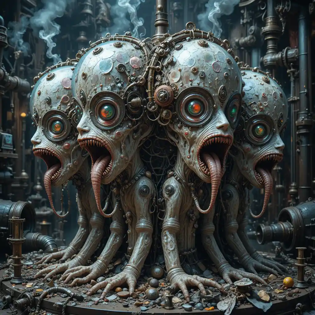 Photoreal fantasy creatures in a surreal mechanical dreamscape
