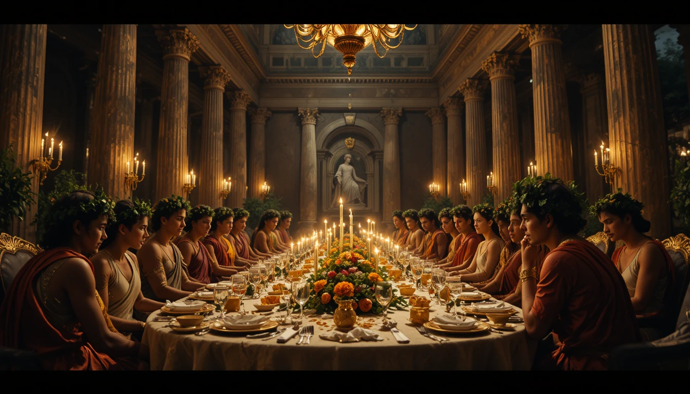 Lavish Roman nobles feasting in a dramatic night banquet
