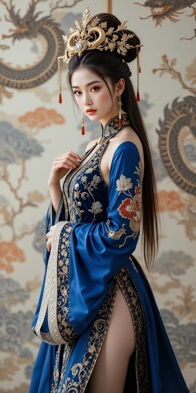 Elegant woman in ornate blue and gold hanfu portrait
