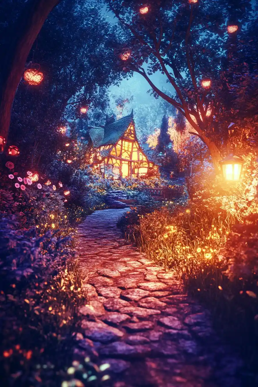 Bright surreal landscape with whimsical artistic details
