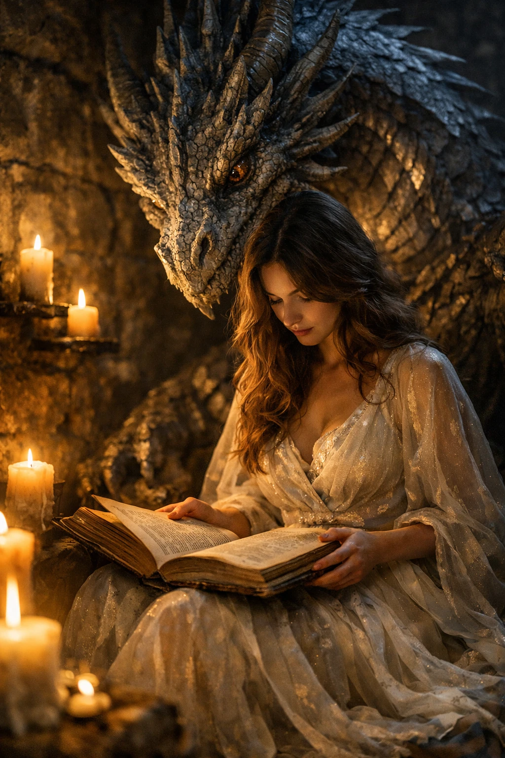 Mujer leyendo un libro antiguo junto a velas y un dragón