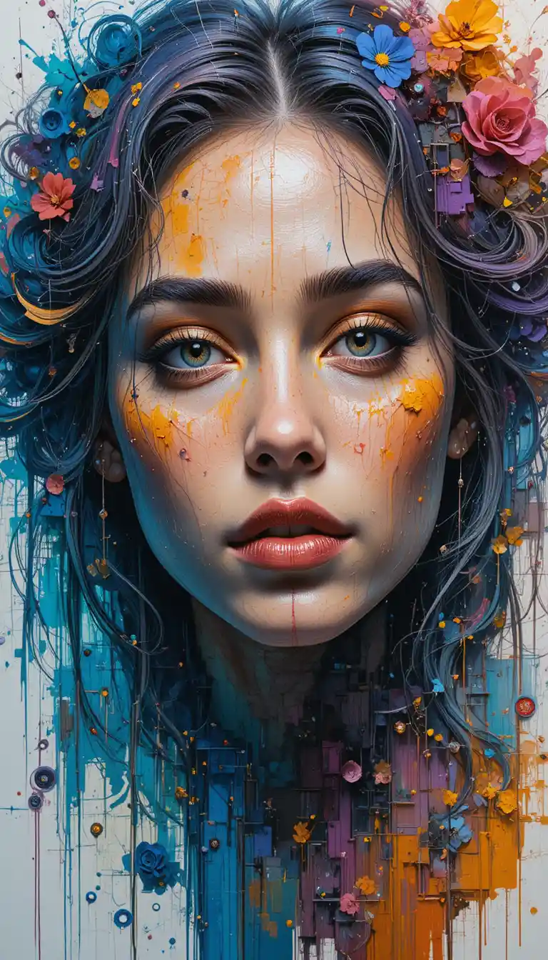 Vibrant mixed media portrait with intricate expressive details