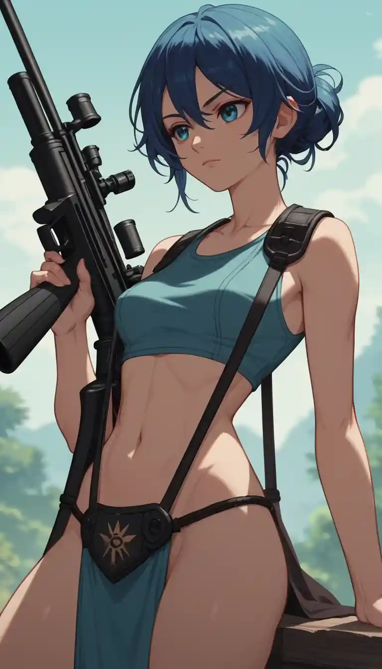 Beautiful blue haired girl in fantasy sling armor outfit