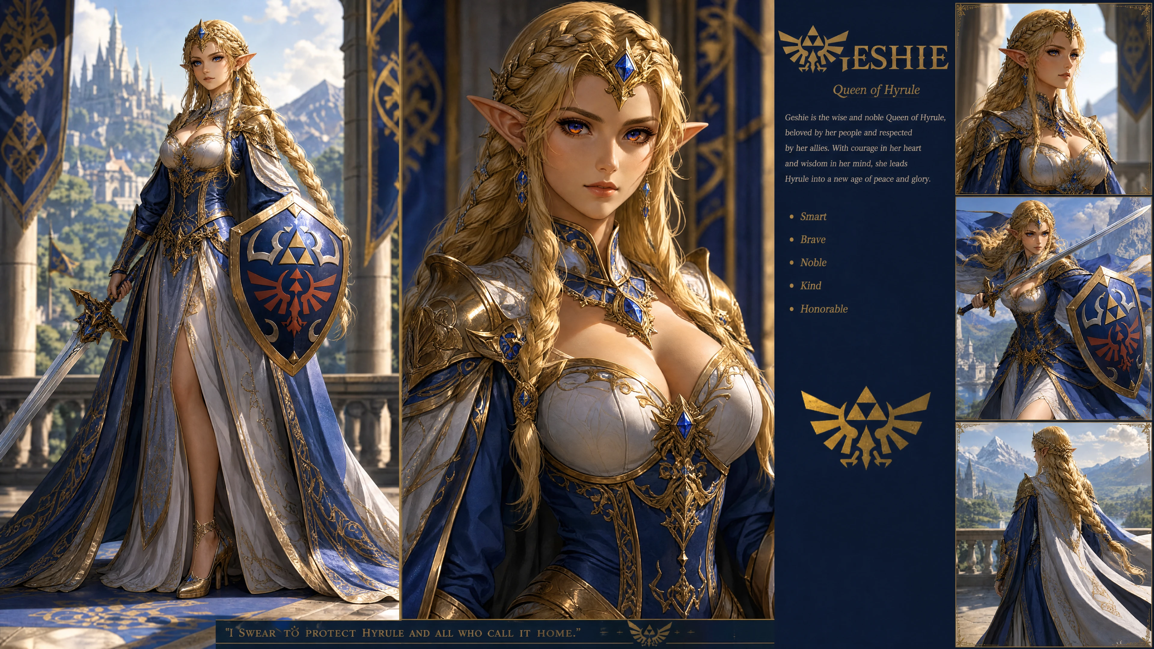 Regal blonde Hylian queen with sword and shield
