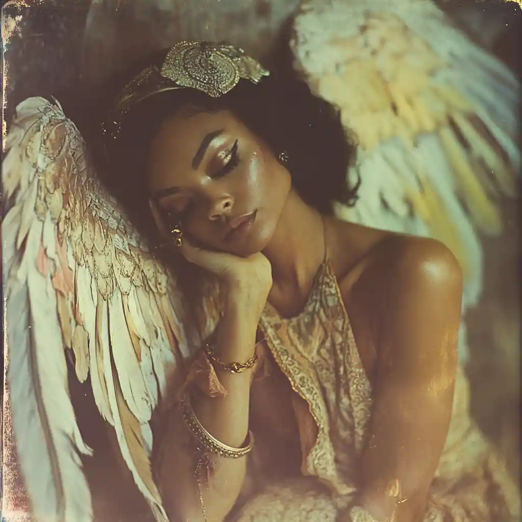 Unconventional angelic woman in soft nostalgic analog tones