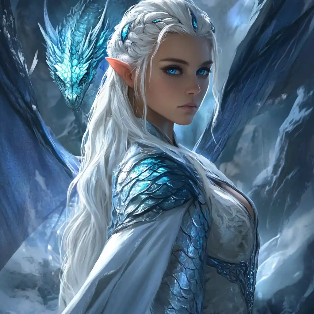 Silver dragonborn sorceress in white robes casting ice magic
