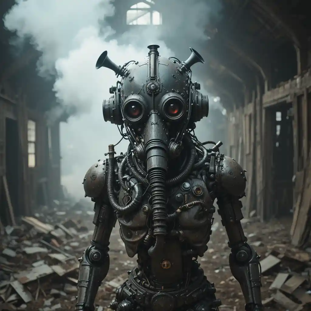 Surreal mechanical creature gawking inside an abandoned barn