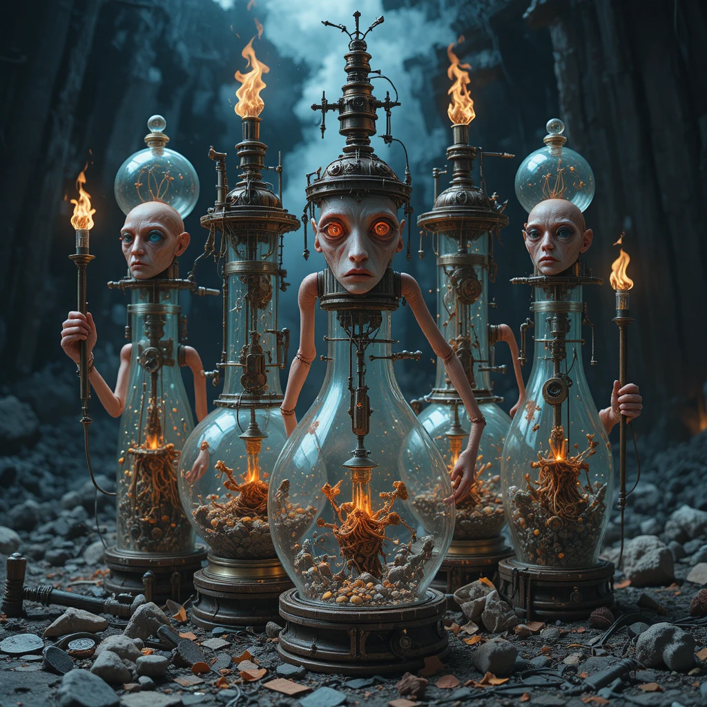 Surreal steampunk flask creatures in a mechanical dreamscape
