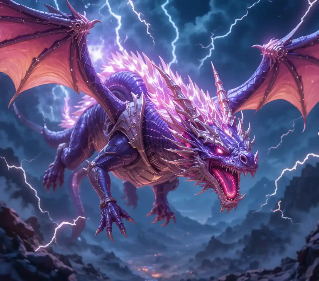 Crystal western dragon diving through a stormy purple sky