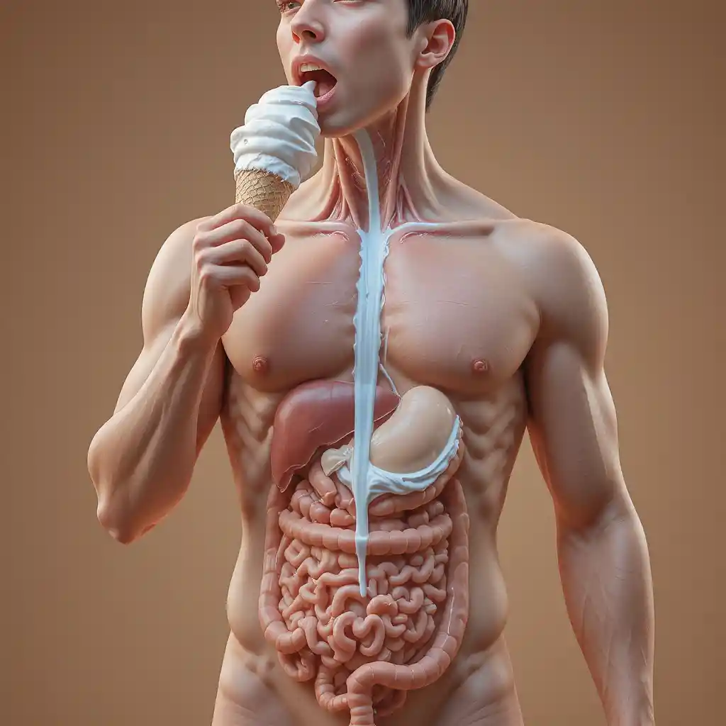 Medical 3D cutaway of man digesting vanilla ice cream