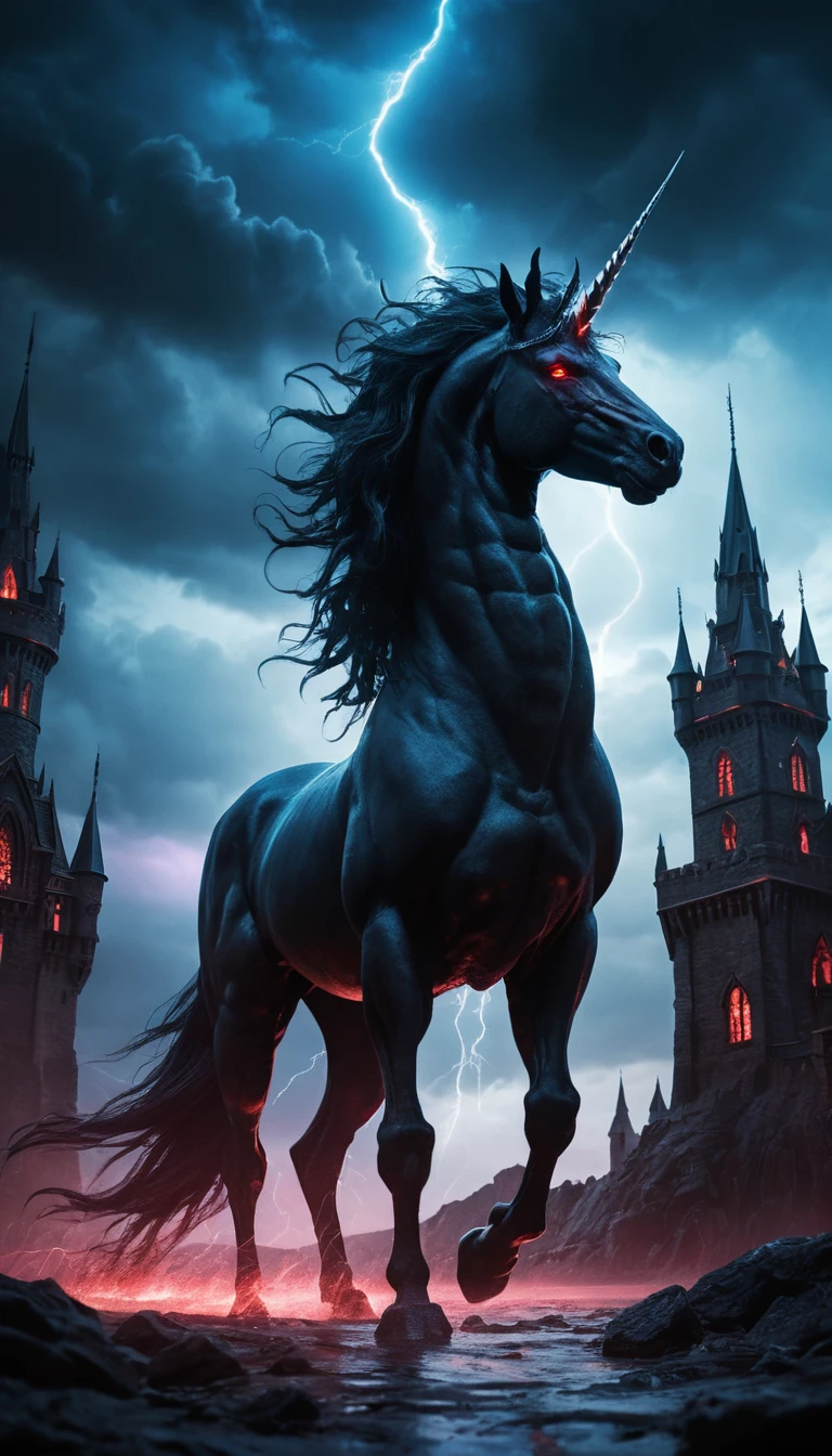 Menacing demon unicorn before a gothic castle storm