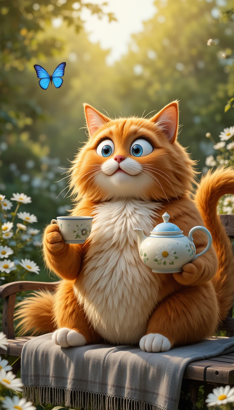 Fluffy ginger cat with tea staring at a blue butterfly