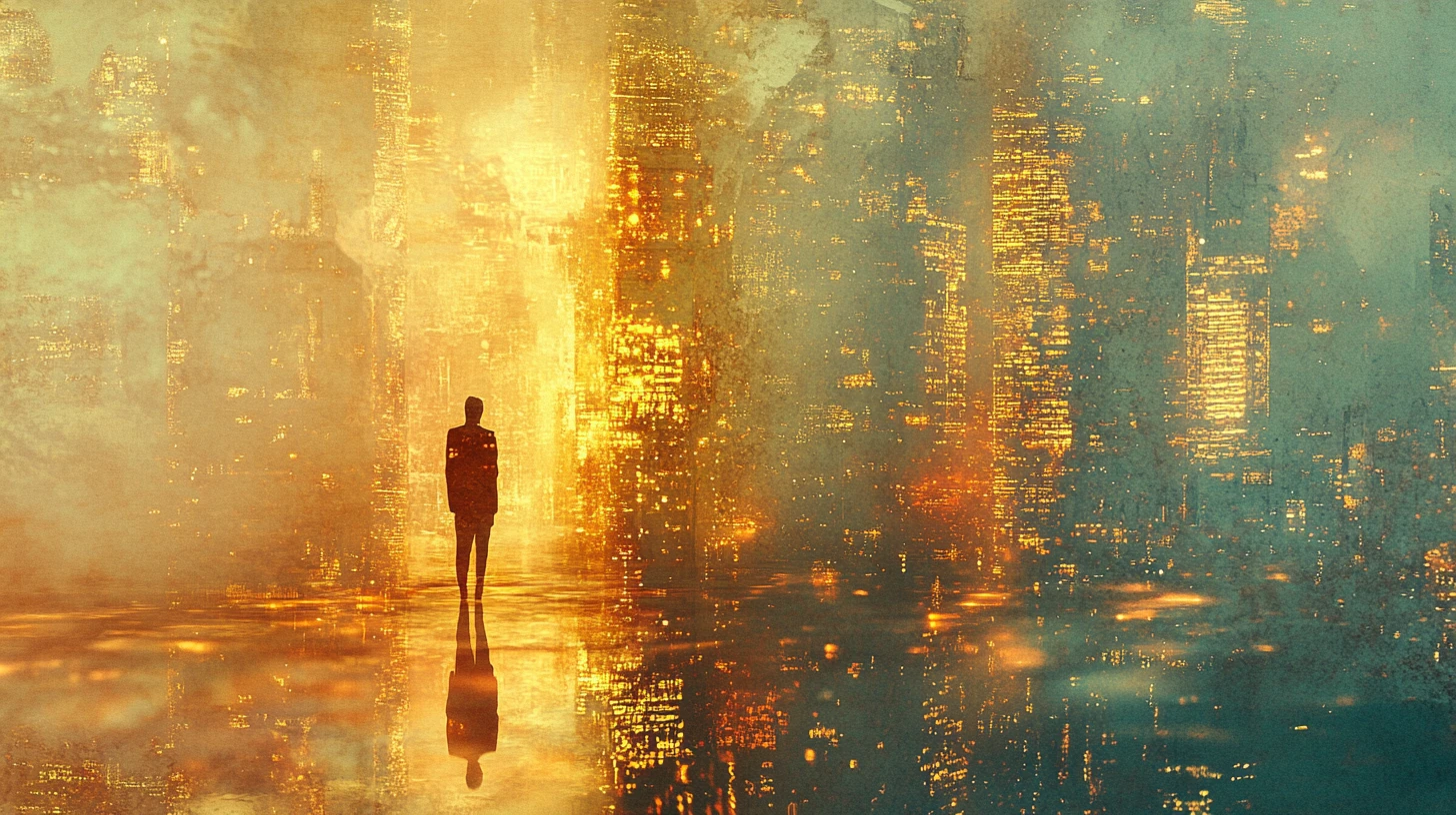 Lone figure walking through endless reflective memory cityscape