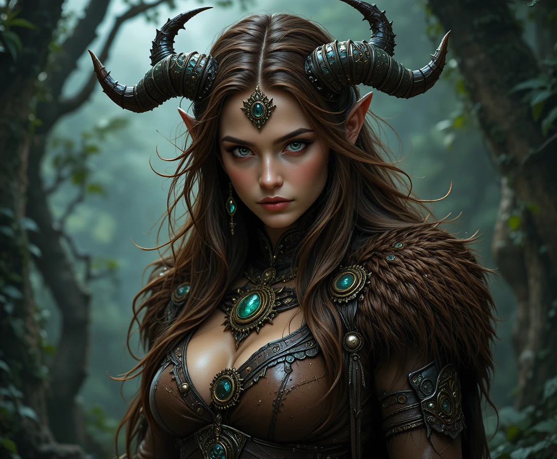 Dark fantasy druid woman with green eyes and tribal furs