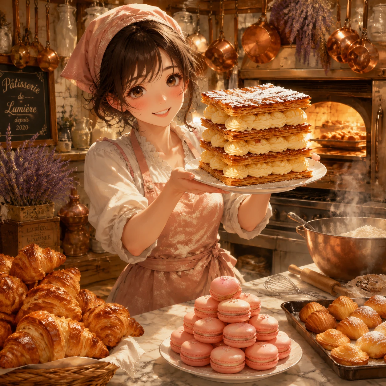 Anime baker girl presenting a towering mille feuille dessert