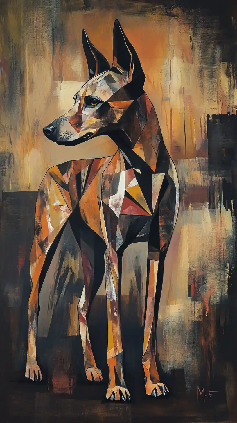 Painted wild dog dissolving into glowing abstract fragments