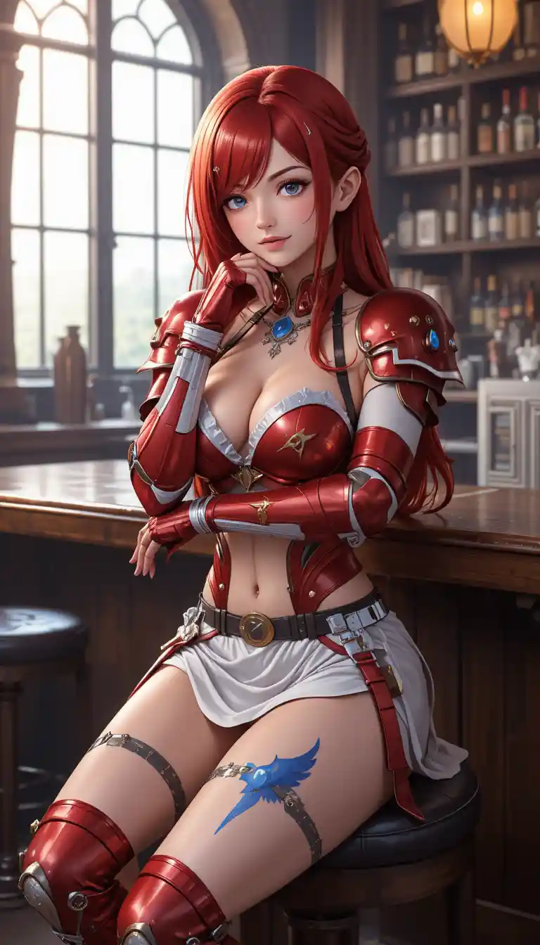 Red haired anime woman sitting shyly in a tavern