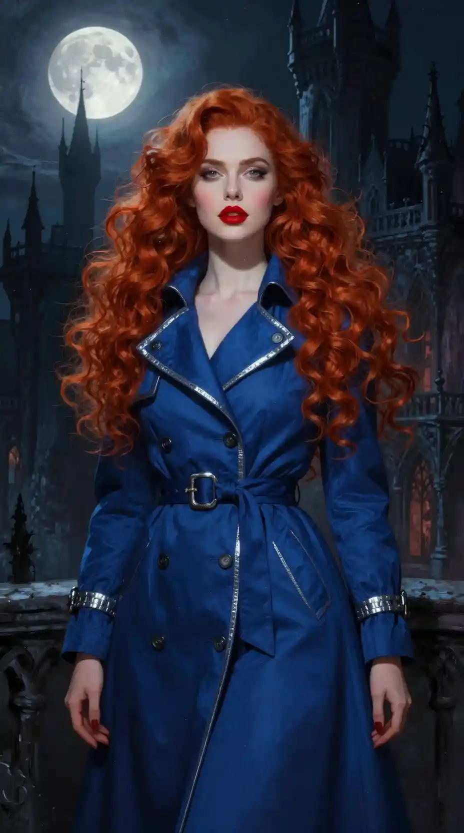 Scarlet haired woman in blue coat in gothic castle