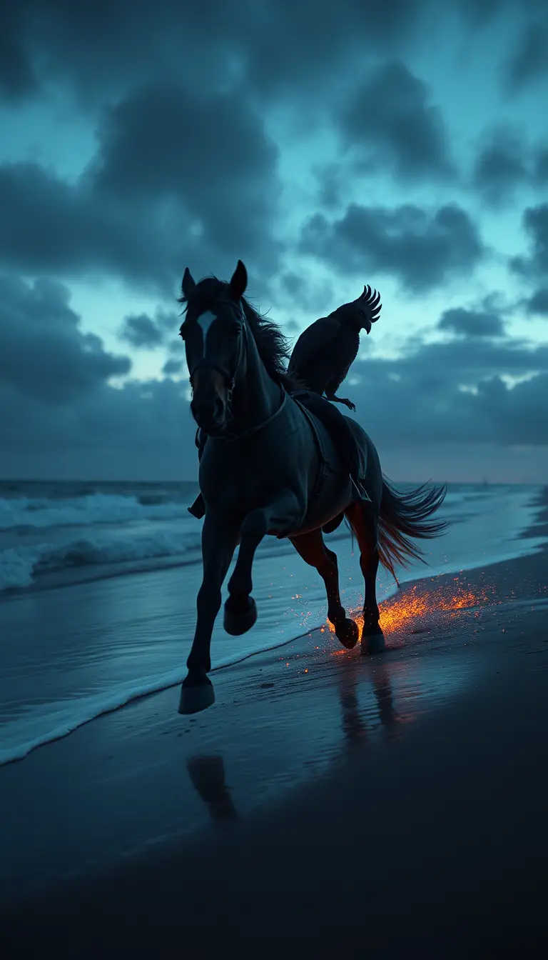 Hybrid creature galloping along a midnight beach shoreline