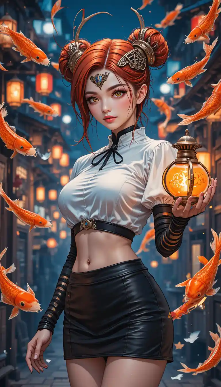 Fantasy anime elf girl at night market with koi lantern