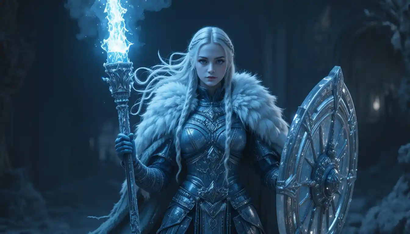 Ice warrior mage woman with staff and shield at night