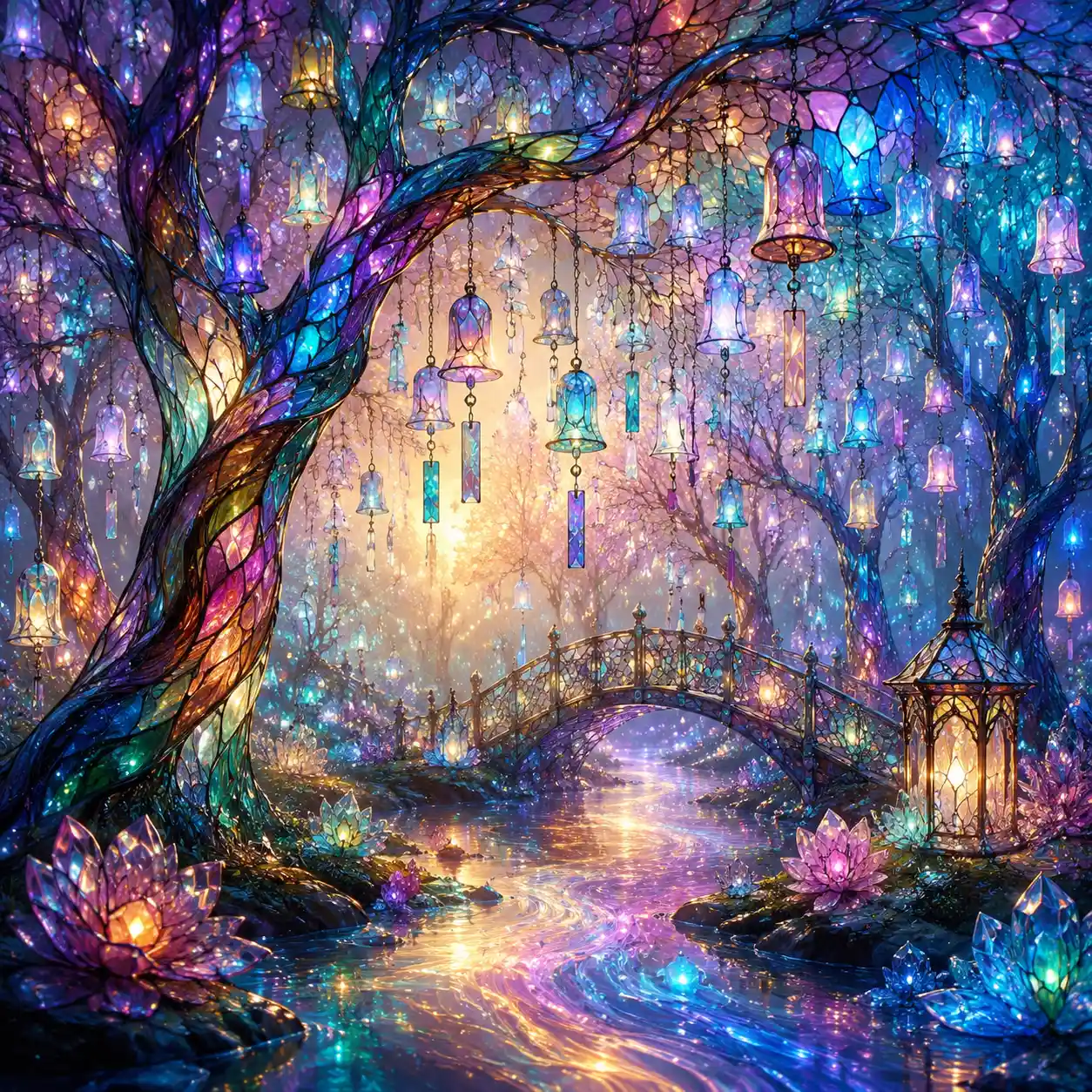 Enchanted Glass Forest With Glowing Stream Of Light