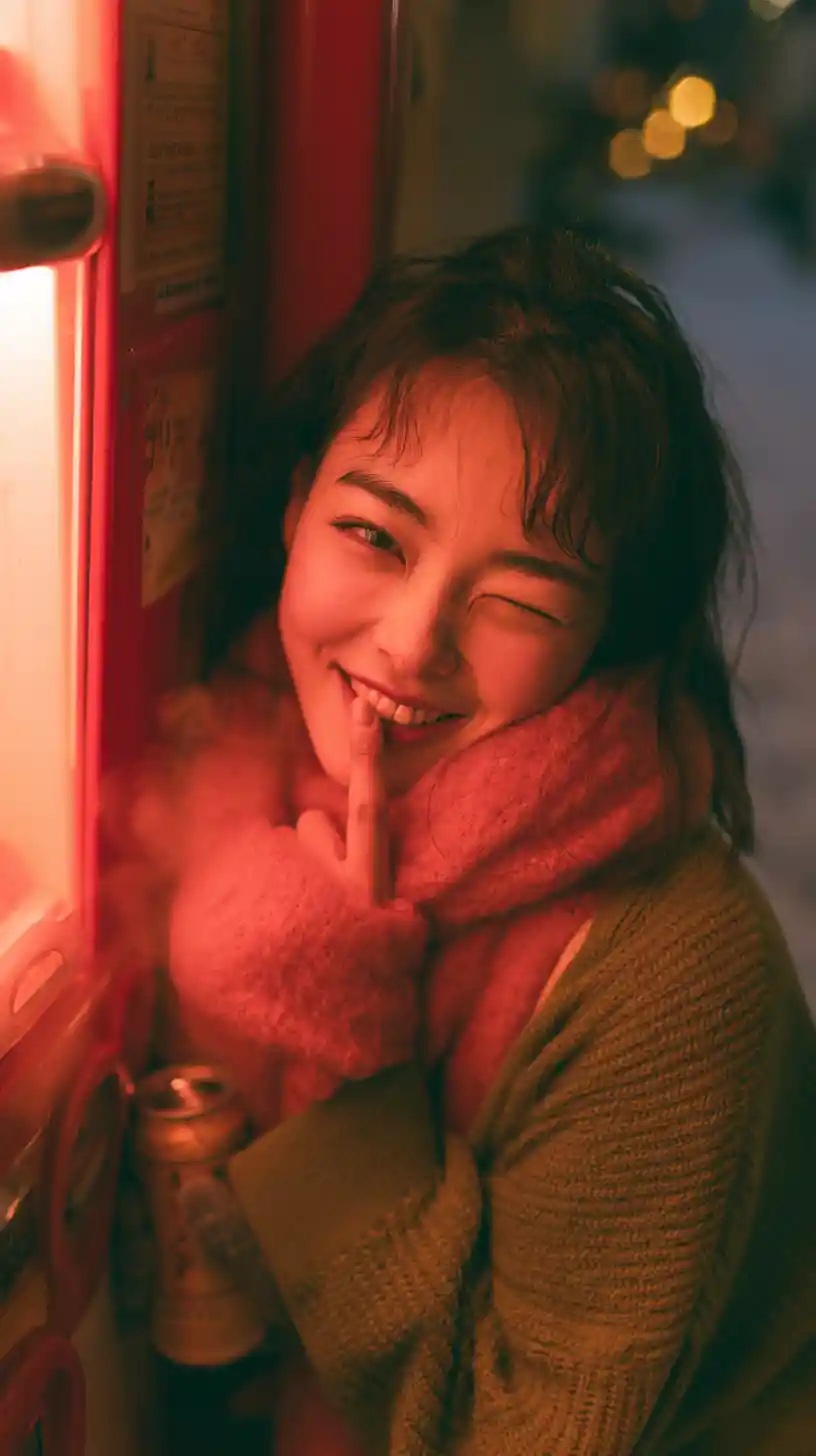 Playful Japanese girl by a glowing red vending machine