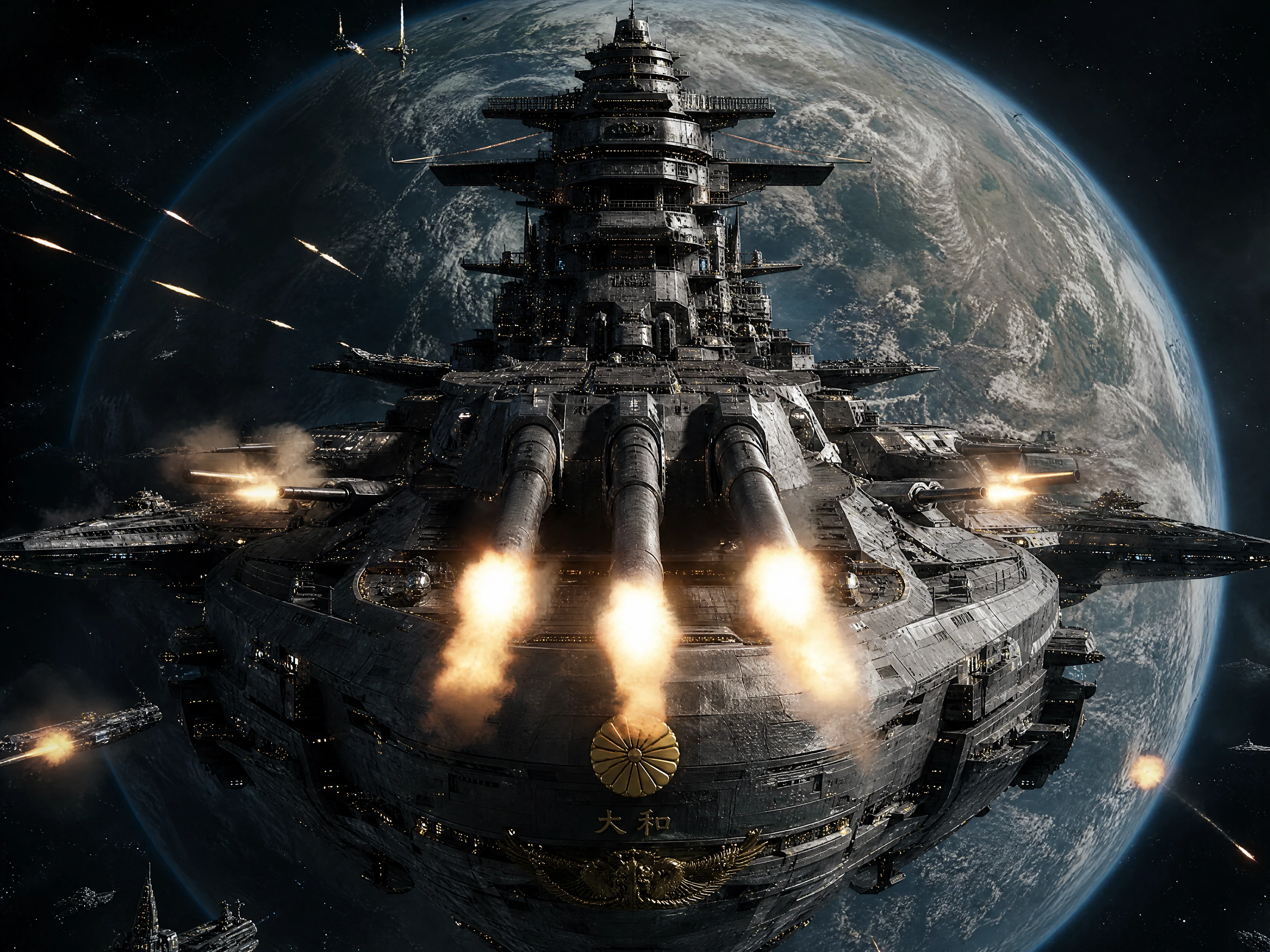 World War II style battleship spaceship firing in space