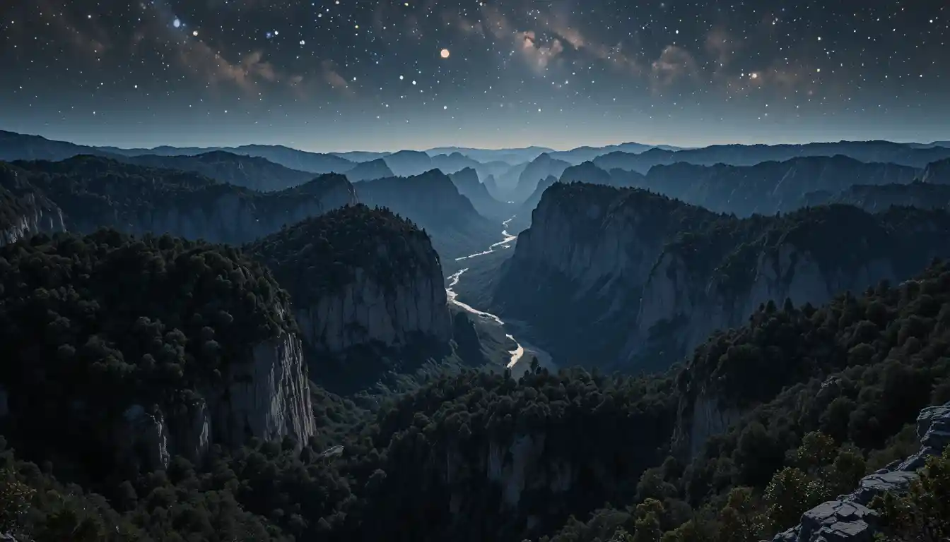 Panoramic mountain landscape rendered in luminous pointillist dots