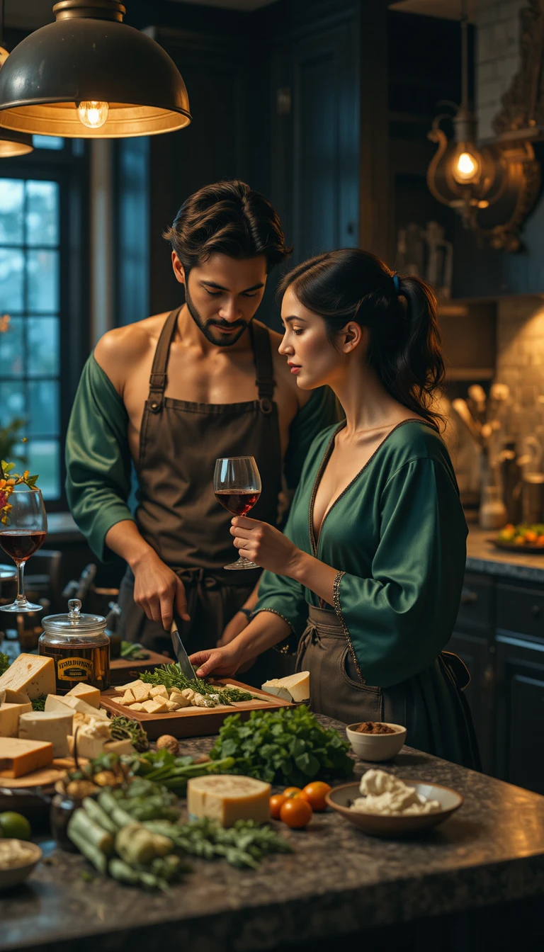 Intimate couple preparing dinner in a warmly lit kitchen