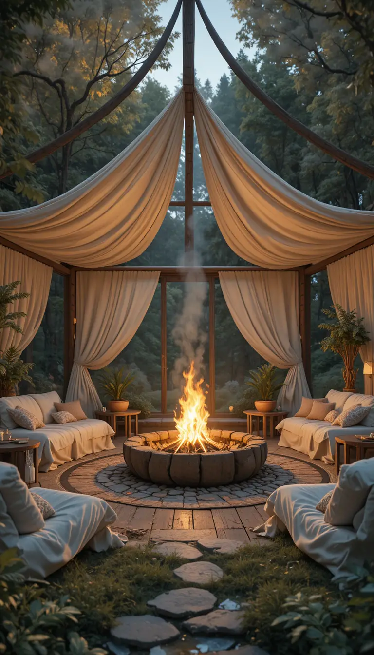 Evening campfire scene at an elegant adult summer retreat