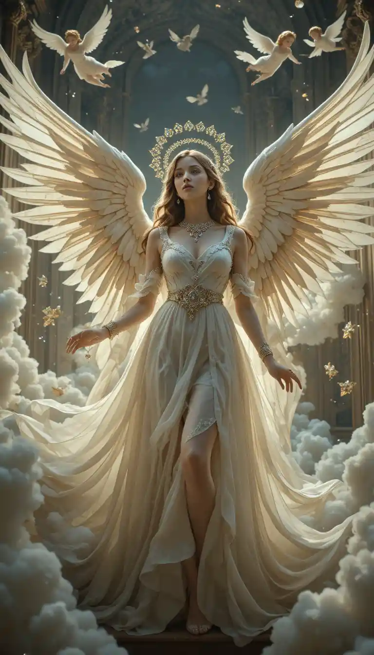 Baroque angelic woman with wings amid clouds and cherubs