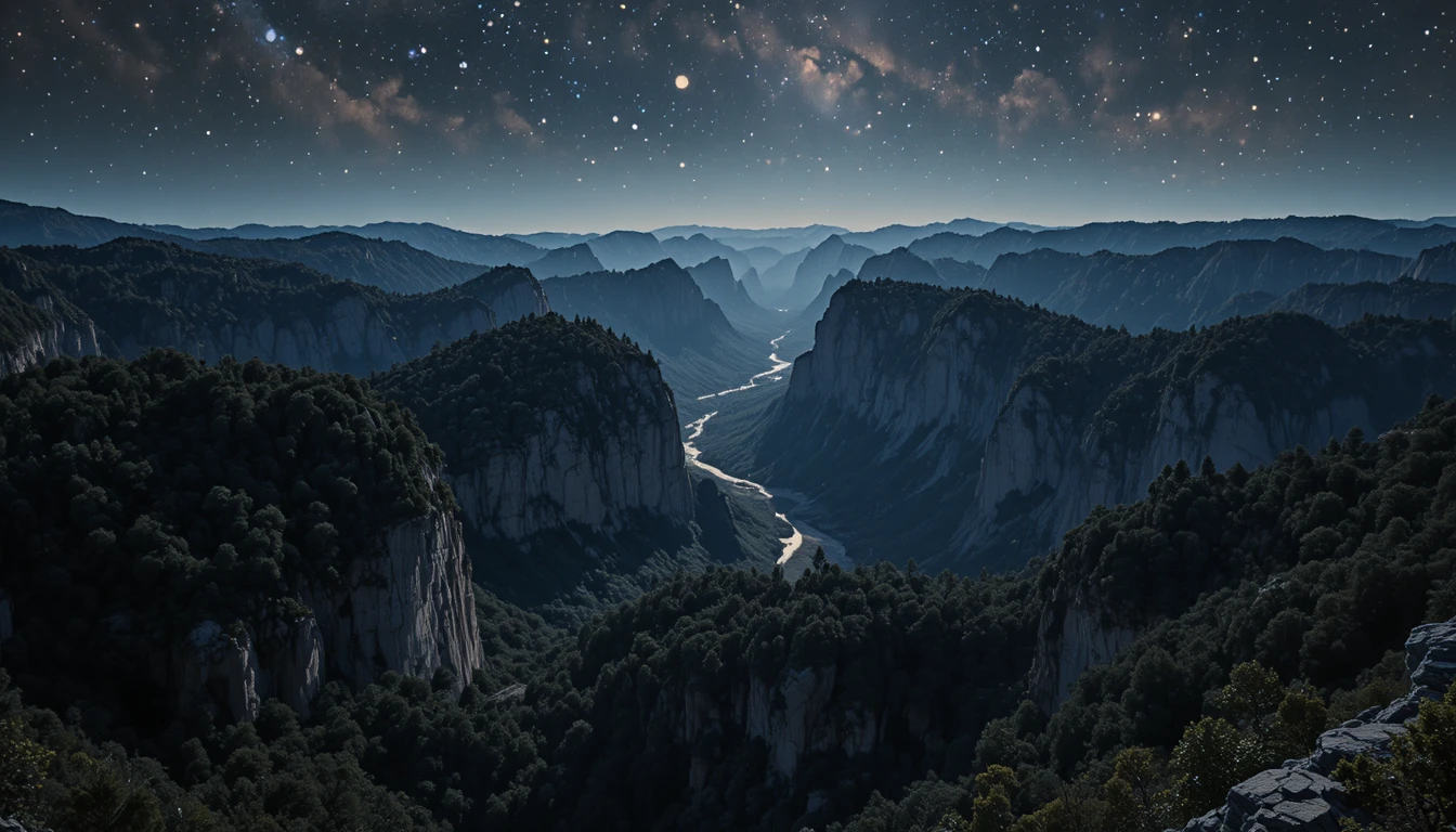 Panoramic mountain landscape rendered in luminous pointillist dots