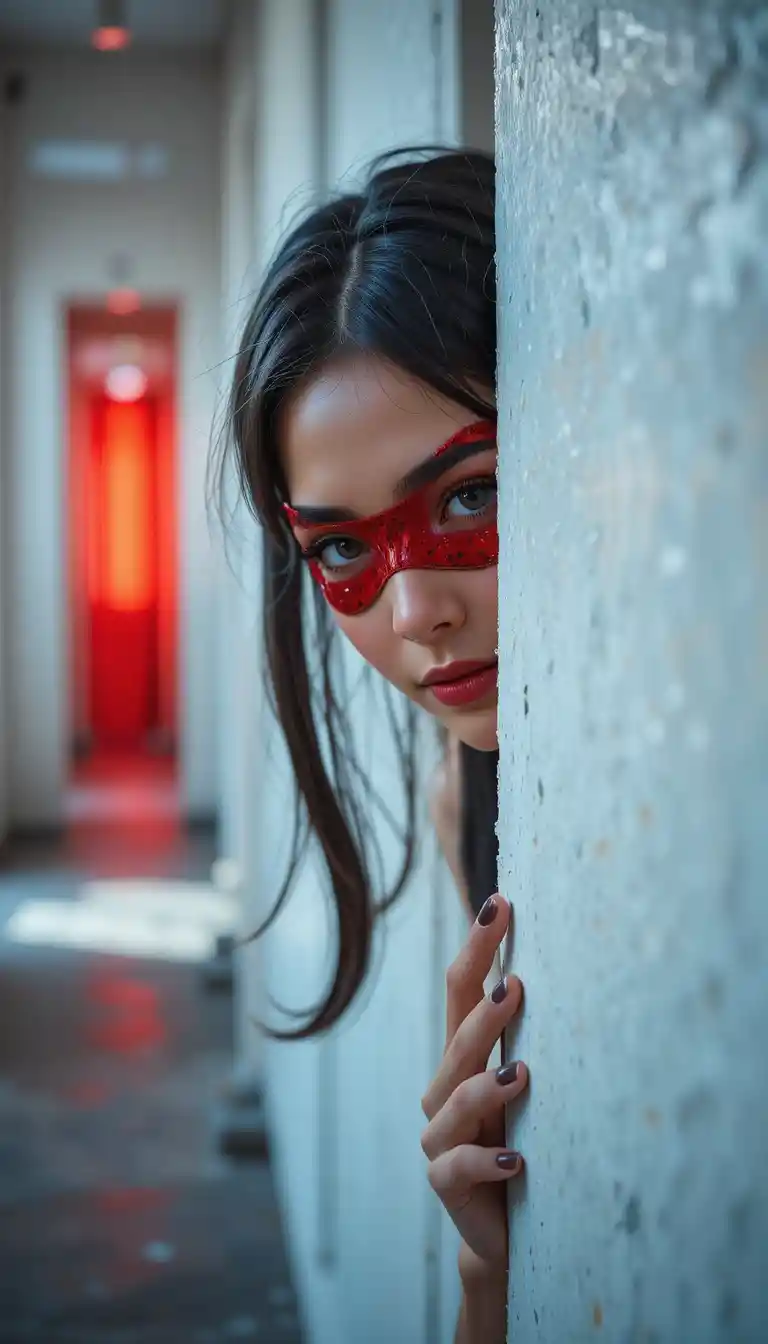 Girl in ladybug costume peeking from white corridor wall