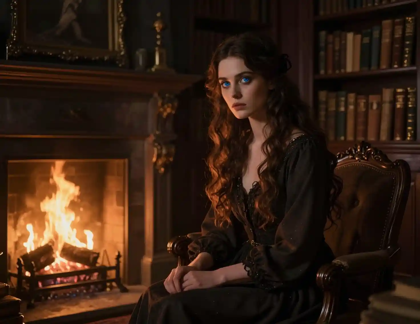 Mysterious woman by the fireplace in an opulent study