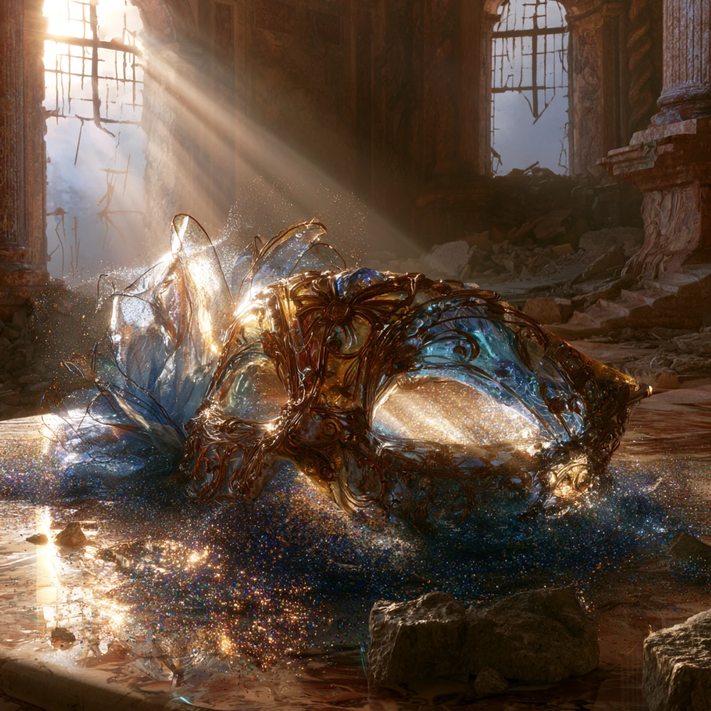 Colorful glass mask in ruins with glowing fairydust