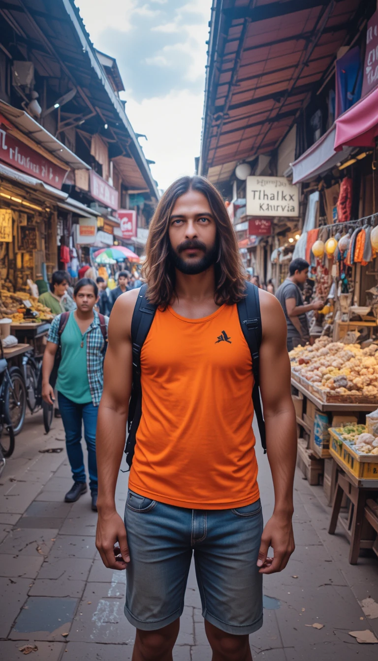 Smiling tourist in orange tank top at busy Thai market
