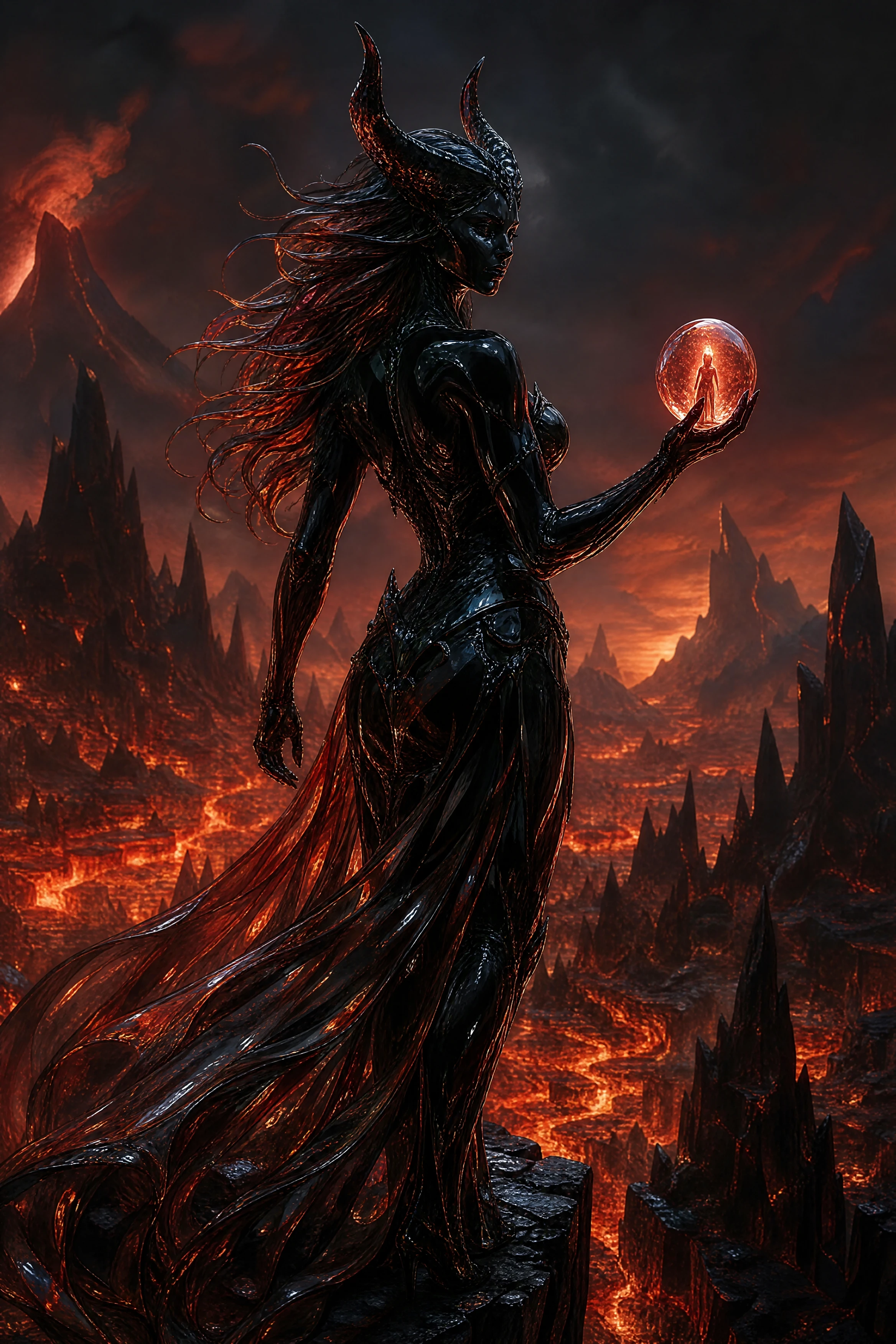 Demonic woman of obsidian holding a glowing captive soul