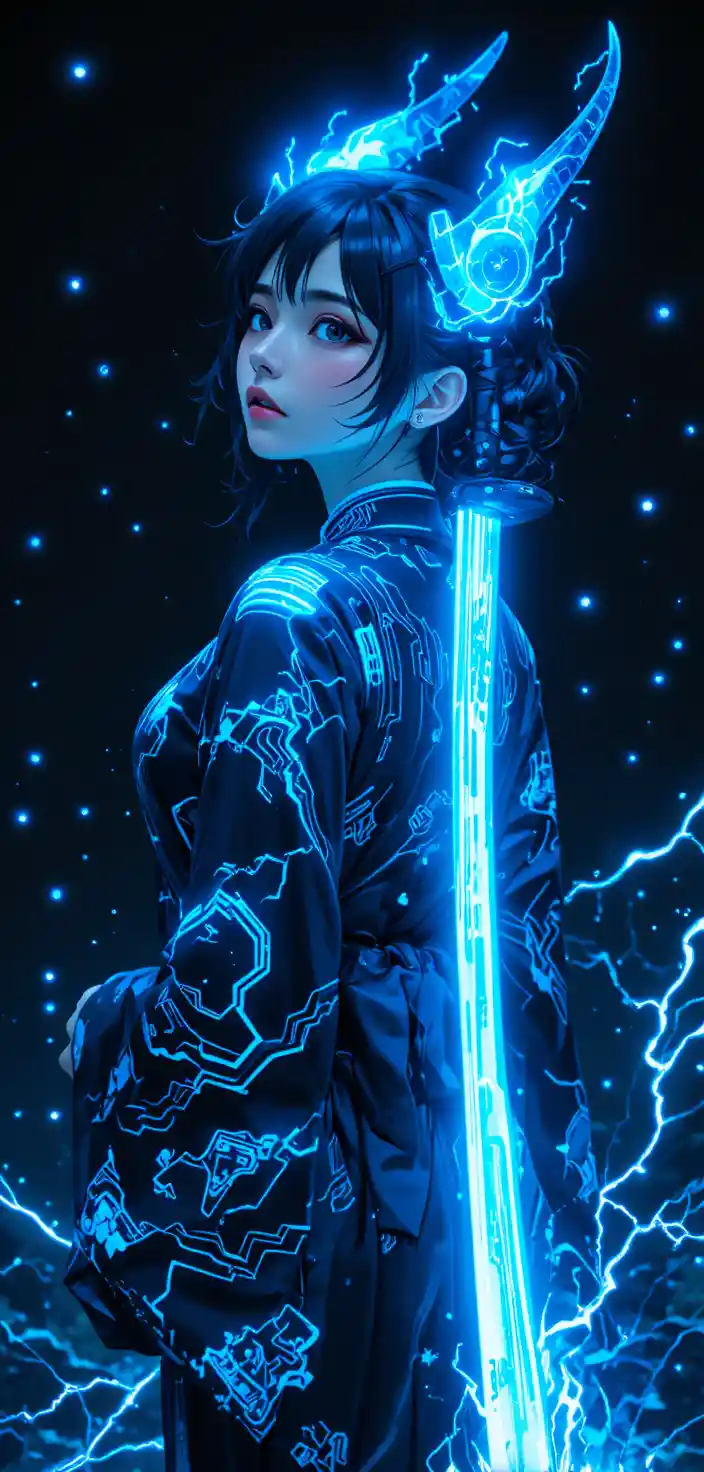Cyber anime girl with glowing katana and electric gaze