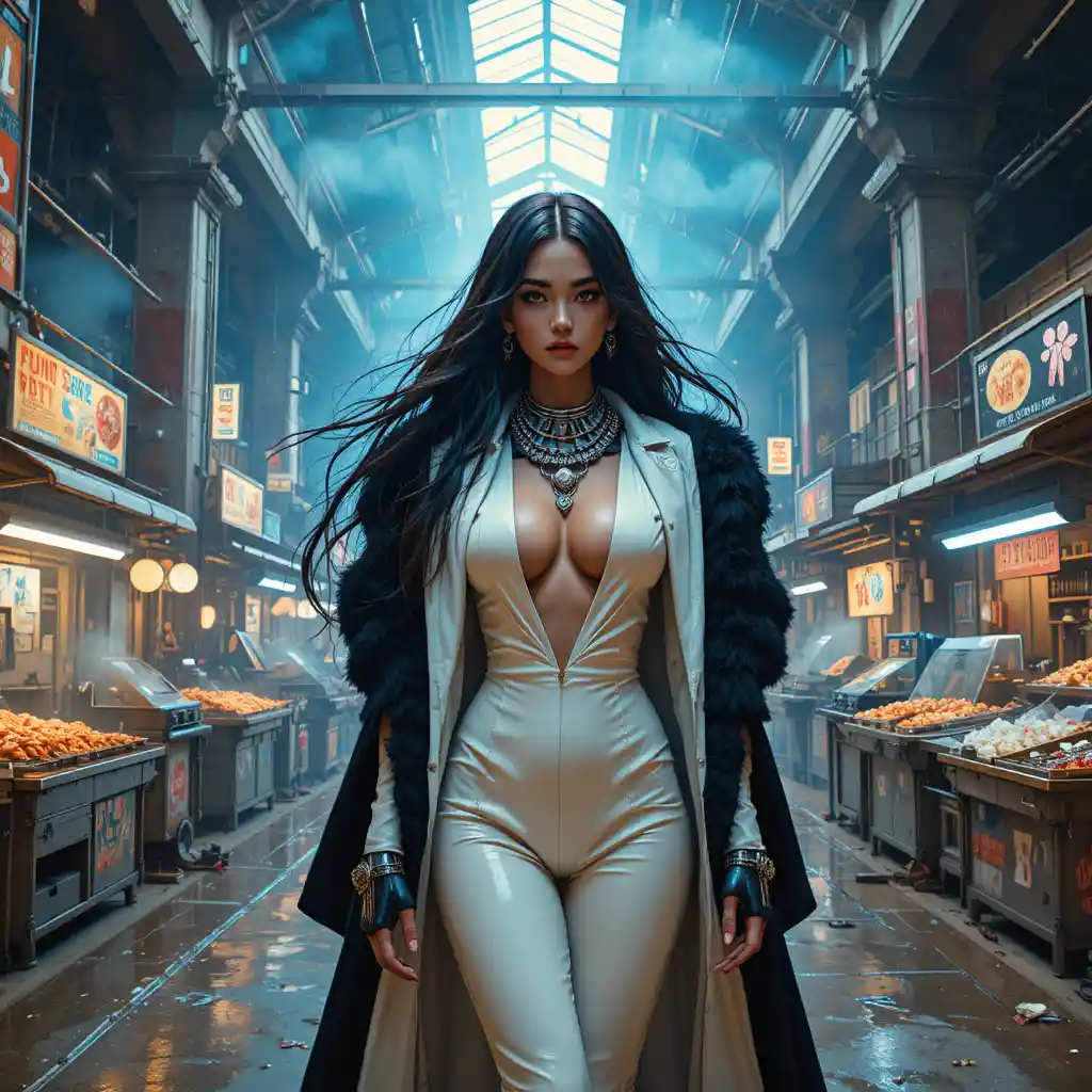 Cyberpunk woman in a surreal underground street food market