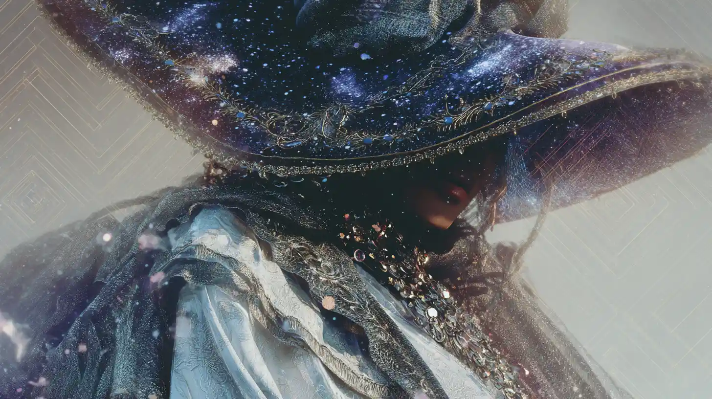 Mystical witch in celestial hat and layered street luxury fashion
