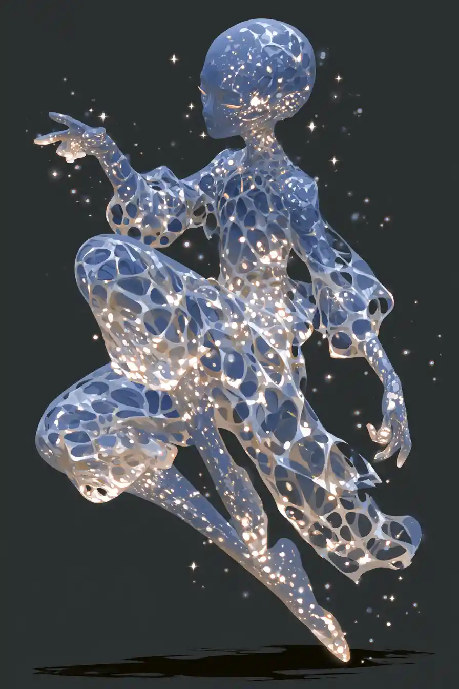 Opalescent alien creature with pearlescent limbs and outfit
