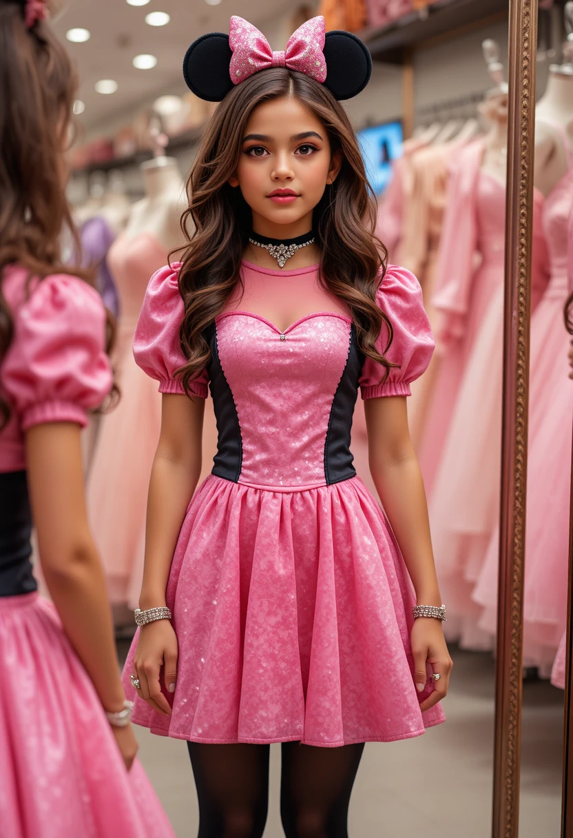 Young girl admiring herself in a pink Minnie Mouse dress