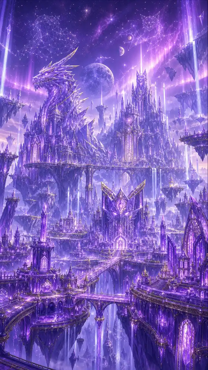 Vast amethyst crystal fantasy capital city skyline