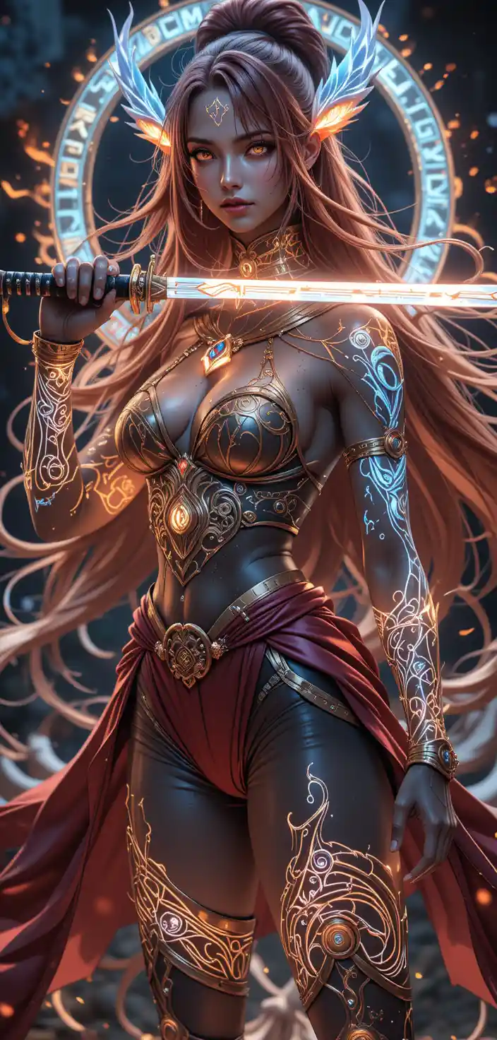 Anime warrior woman with glowing katana battle stance