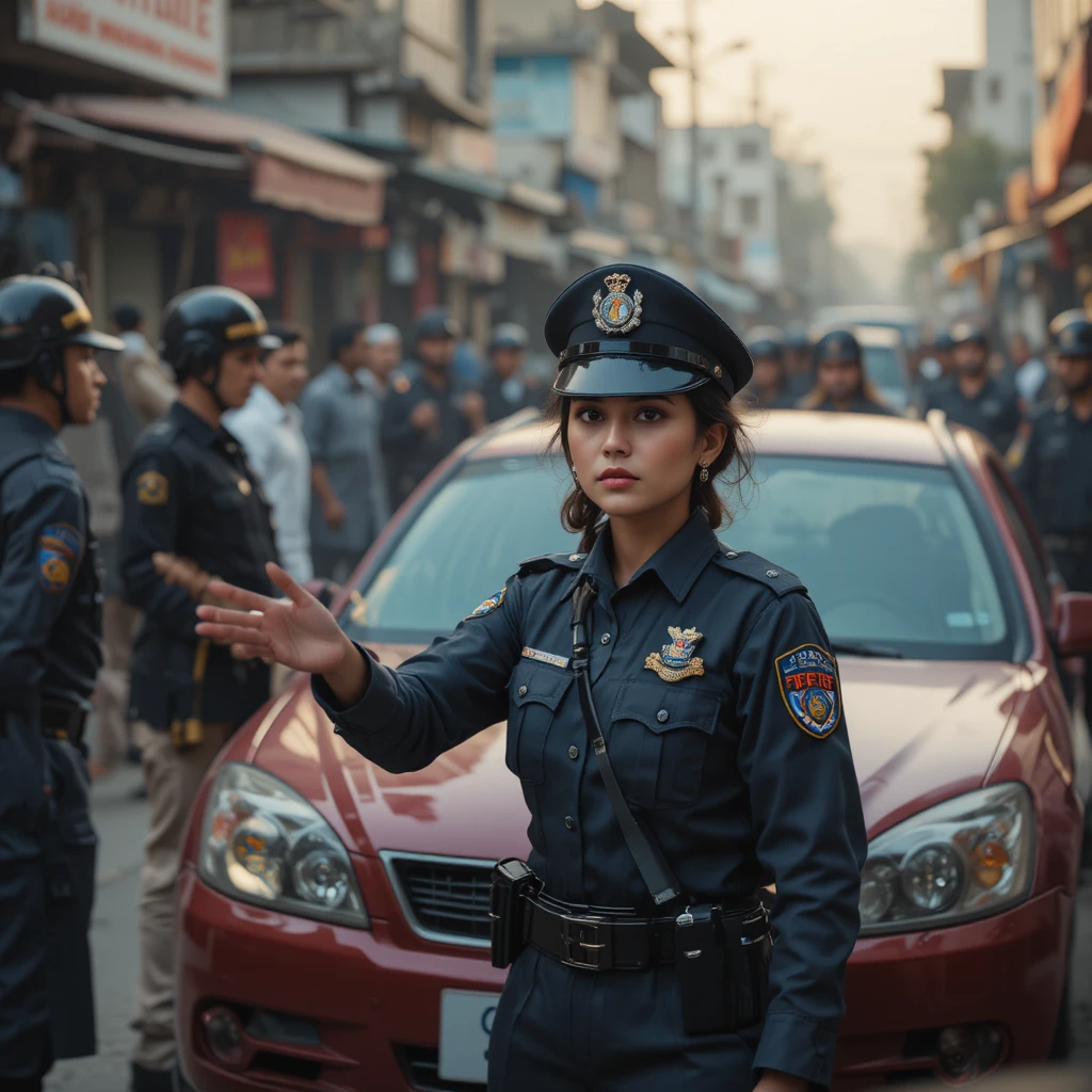 Police officers secure a red car in a busy Pakistani market