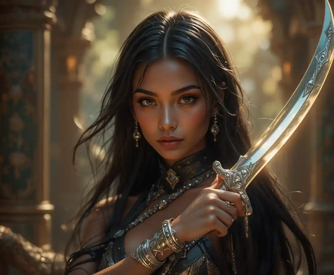 Alluring fantasy dancer with jeweled curved sword and amber eyes