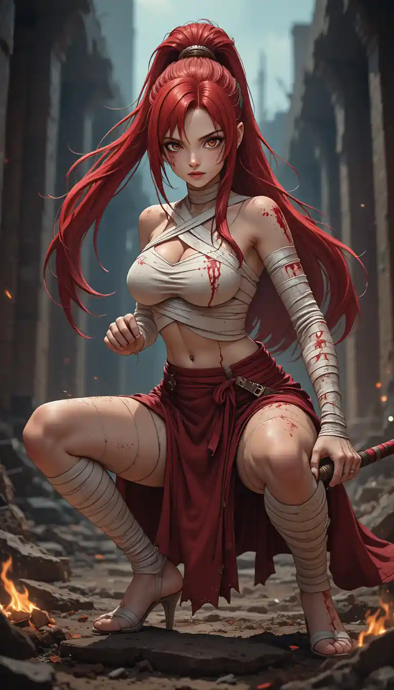 Battle scarred anime warrior woman in ruined city