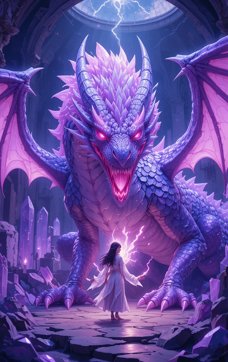 Close up anime dragon in a glowing crystal room